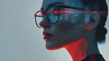 Woman with glasses overlaid with digital data and city skyline