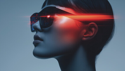 Futuristic woman wearing VR glasses with digital data overlay and red light effect