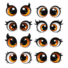 Fototapeta premium Illustration of collection of cute cartoon eyes with orange and brown irises, black pupils, and eyelashes, some with small horns, isolated on transparent background