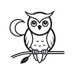 Elegant line art of an owl perched on a branch under a full moon