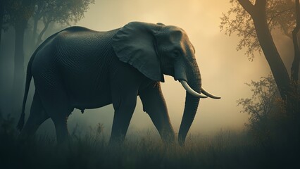 Fototapeta premium Majestic Elephant in the Misty Forest. The image depicts a majestic African elephant standing in a misty, atmospheric forest environment. The elephant's large, powerful frame is silhouetted against th