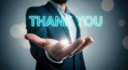 Man holding glowing thank you message hand