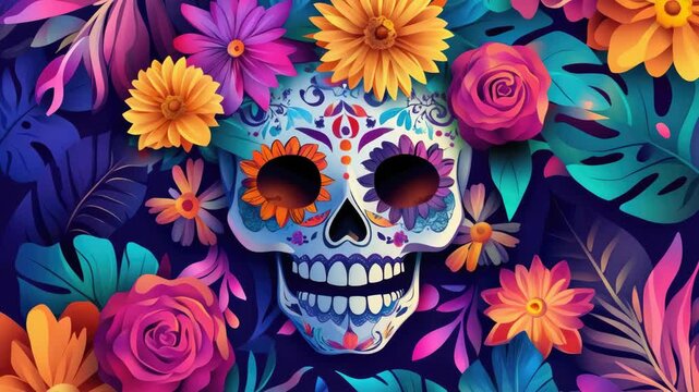 A colorful skull with flowers surrounding it. The flowers are pink, yellow, and blue. The skull is in the center of the