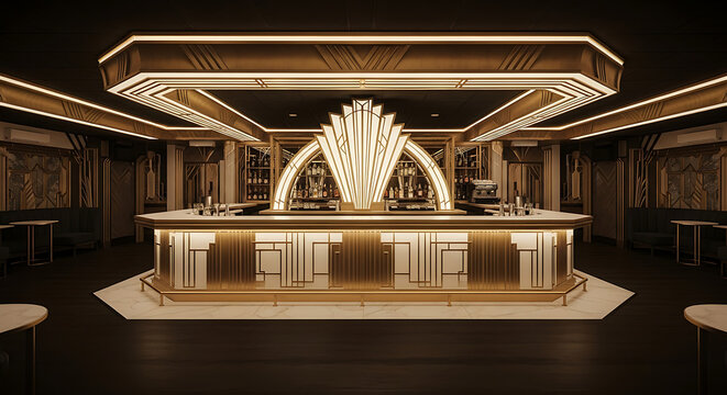 Art deco bar interior with illuminated accents and geometric patterns in a luxurious setting ai generated