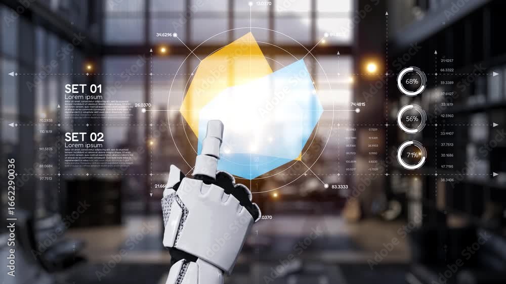 Poster a robotic hand engages with an advanced digital interface, presenting colorful data visuals in a sty