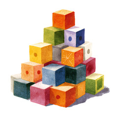 Naklejka premium Watercolor Illustration of Colorful Toy Blocks Stacked in Pyramid Shape