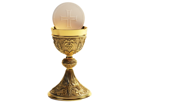 Close up of a golden chalice with a white host on top against a black background in a studio shot