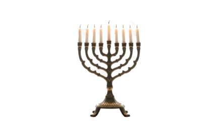 A lit menorah with nine candles displayed prominently against a stark black background in a studio shot
