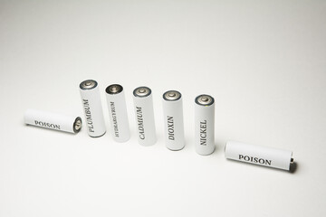 Battery on a white background. Ecology. Harm to nature from batteries.