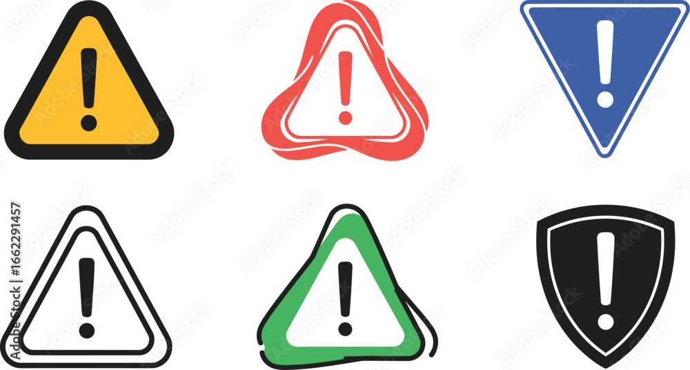 Poster a diverse collection of six alert icons featuring exclamation marks within triangular and shield sha