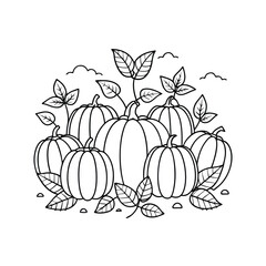 Charming line art illustration of a pumpkin patch with falling autumn leaves on a clean white background