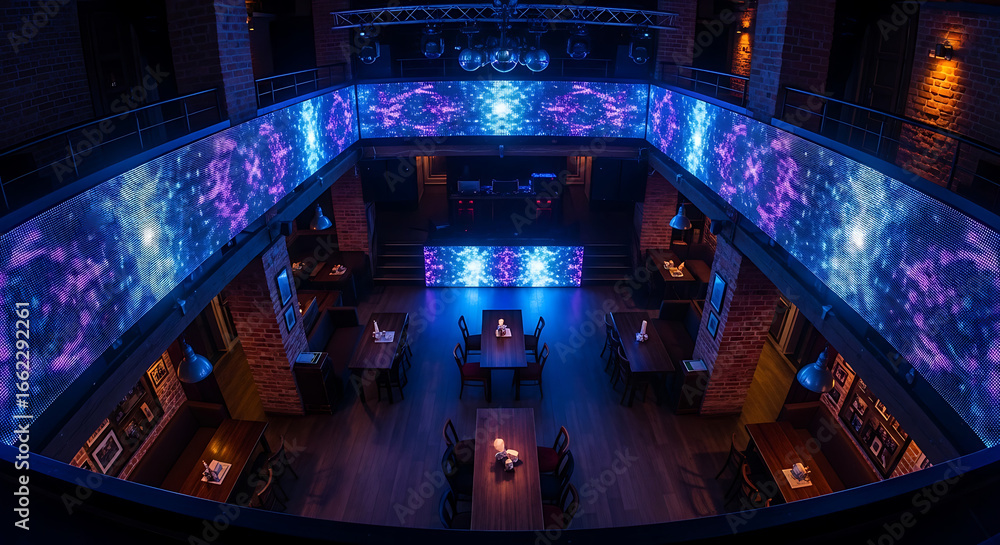 Aufkleber Aerial view of a nightclub with tables and chairs and led screens displaying colorful patterns ai generated
