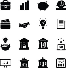 A collection of black and white financial icons including banks money and business related symbols