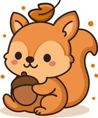 Cute squirrel holding an acorn, designed in a playful kawaii style. Ideal for woodland or forest-themed projects, especially for kids’ illustrations or autumn content.