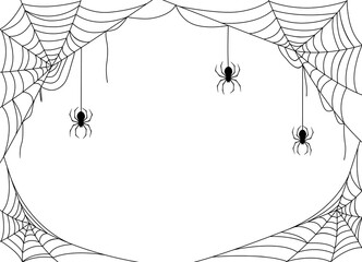 Cobweb with hanging spiders.  Black Halloween frame on a white background. Elements for design. Horror, scary, spooky decor