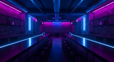 Fototapeta premium Interior view of a bar with neon lighting in shades of blue and pink showing tables and chairs ai generated
