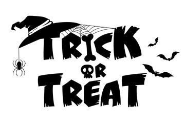 Illustration with Trick or Treat lettering, witch hat, skull, spider, cobweb and bats. Happy Halloween. Spooky design for banner, card, poster, party invitation