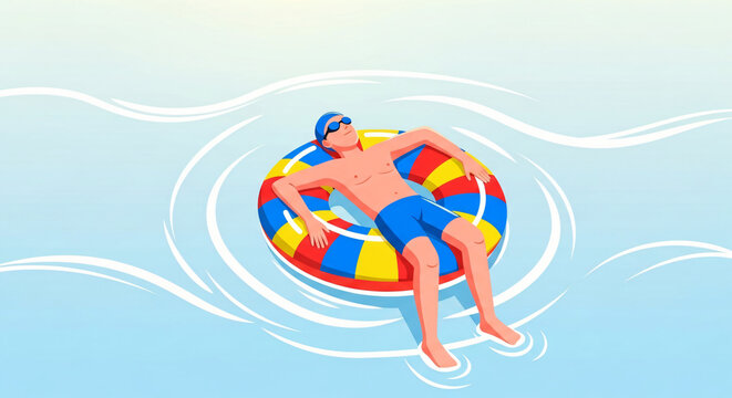 Young man relaxing on a colorful inflatable ring in a serene blue pool under a clear sky