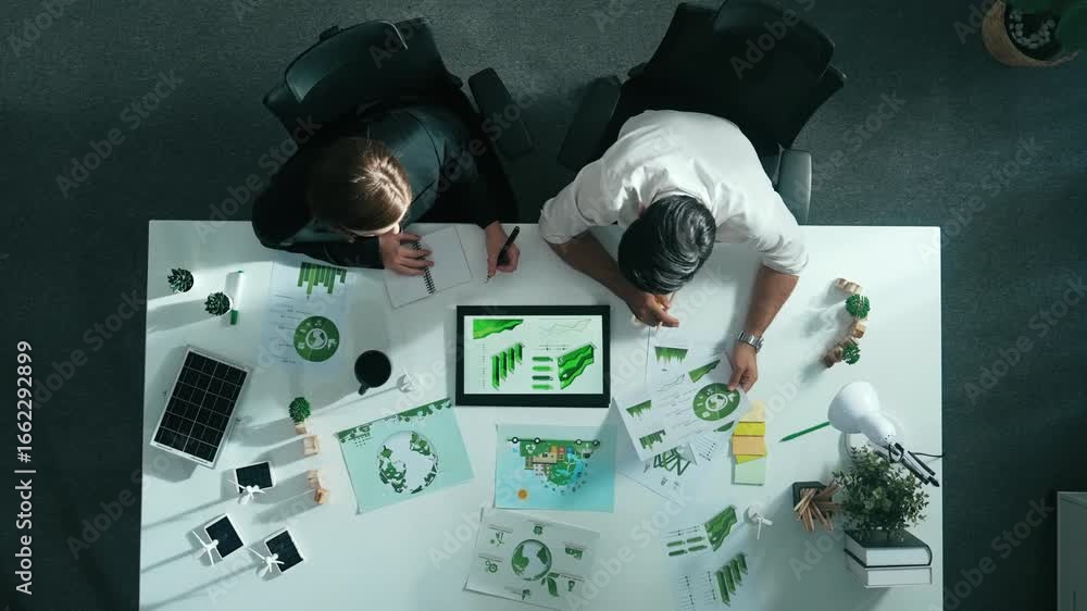 Aufkleber top down view of business man presenting sustainable idea to manager by using tablet display esg env