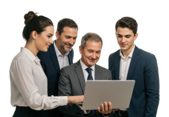 Team collaboration in business meeting office digital interaction professional setting group perspective. Cut out PNG