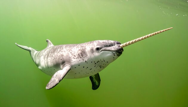 Arctic Sea Unicorn A Majestic Narwhal Swimming Underwater with Green Background - Powered by Adobe