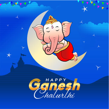 Child Ganesha Sleeping on Moon Vector | Creative Gradient Line Art Ganesh Chaturthi Poster Design