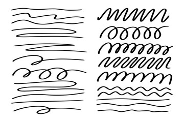 Different types of lines hand drawn with black marker on white background: curls, curves, loops, spirals, zigzags, wavy, smooth straight lines of different thickness. Vector samples of calligraphy.