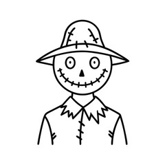 Line art doodle scarecrow with stitched face and whimsical elements