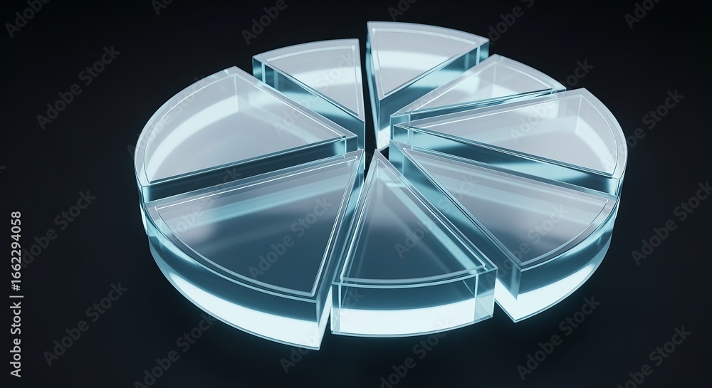 Aufkleber pie chart visualization: a sleek, translucent pie chart representing market share and data analytics