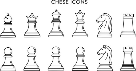 Chess piece icons set. Board game. Line set of chess vector icon for web design isolated on white background. King, queen, bishop, pawn, horse, knight, rook. Vector Illustration. EPS 10