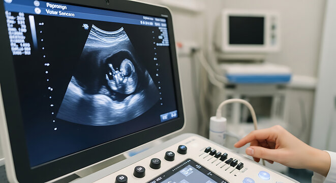 Close up of ultrasound machine displaying fetal image with hand operating the controls in a medical setting ai generated