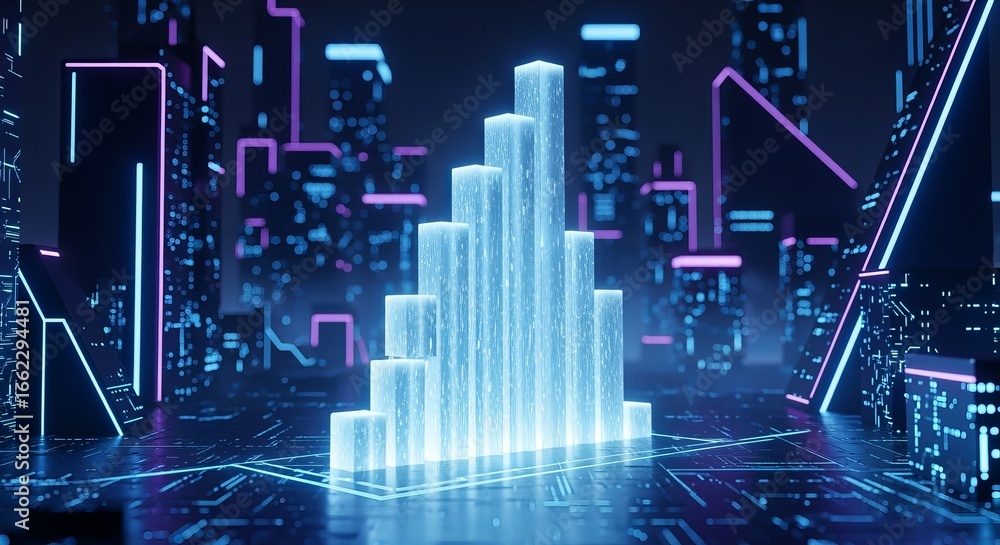 Poster digital cityscape of data: a futuristic cityscape, alive with data streams, with towering structures