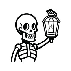 Line art clipart of a skeleton hand holding an illuminated lantern