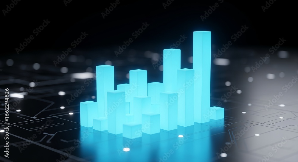 Aufkleber digital growth: an illuminated digital graph composed of blue bars rises on a tech-patterned surface