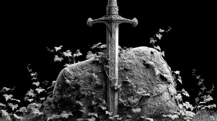 Sword in stone, framed in ivy, monochromatic