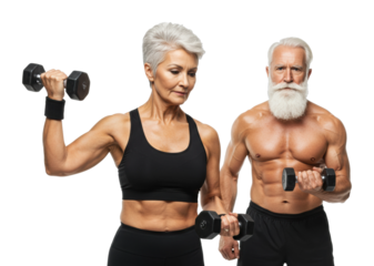 Strength training for seniors fitness journey with dumbbells indoor gym motivational portraits. Cut out PNG