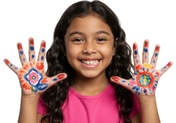 Colorful hand painting fun for kids home bright atmosphere eye-level creativity and joy. Cut out PNG