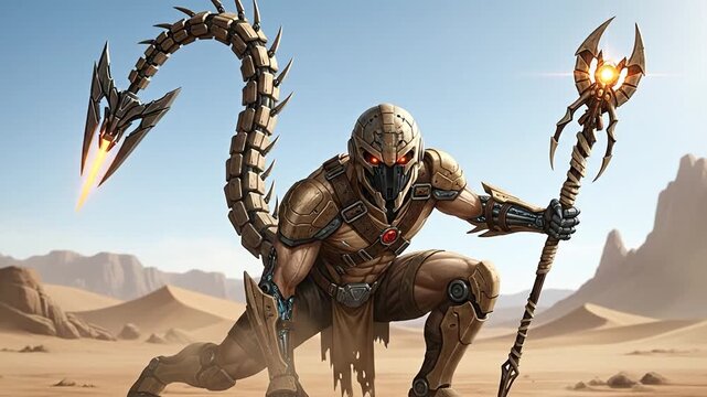 A futuristic desert warrior with a scorpion tail and glowing staff kneels in the sand dunes.