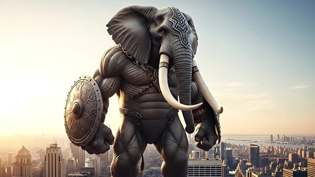 A powerful muscular elephant warrior with a large shield stands guard over a modern city at sunrise.