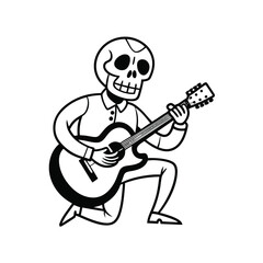 Line art illustration of a skeleton playing a guitar on a white background