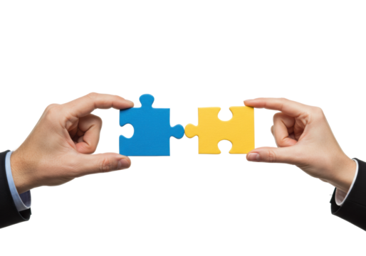 Connecting puzzle pieces signifying collaboration business setting digital professional environment teamwork concept. Cut out PNG