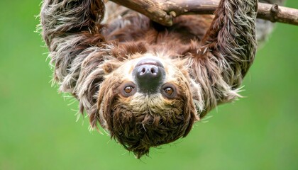 Obraz premium Sloth Hanging Upside Down From Branch with Soft Green Backdrop
