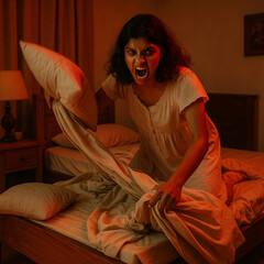 A young, angry woman in bed