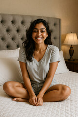 Relaxed young woman sitting on a bed in night dress