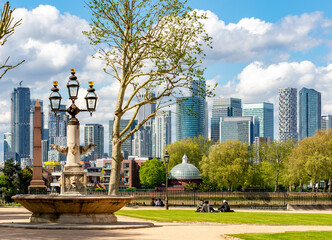Canary Wharf skyscrapers seen from Greenwich, London, UK