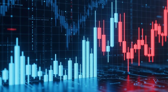 Financial Chart Analysis: Intricate candlestick charts paint a vivid picture of financial trends, showcasing both the dynamism of market fluctuations and the analytical depth of data visualization. 