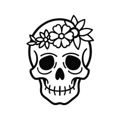 Elegant line art skull adorned with a delicate flower crown on a clean white background
