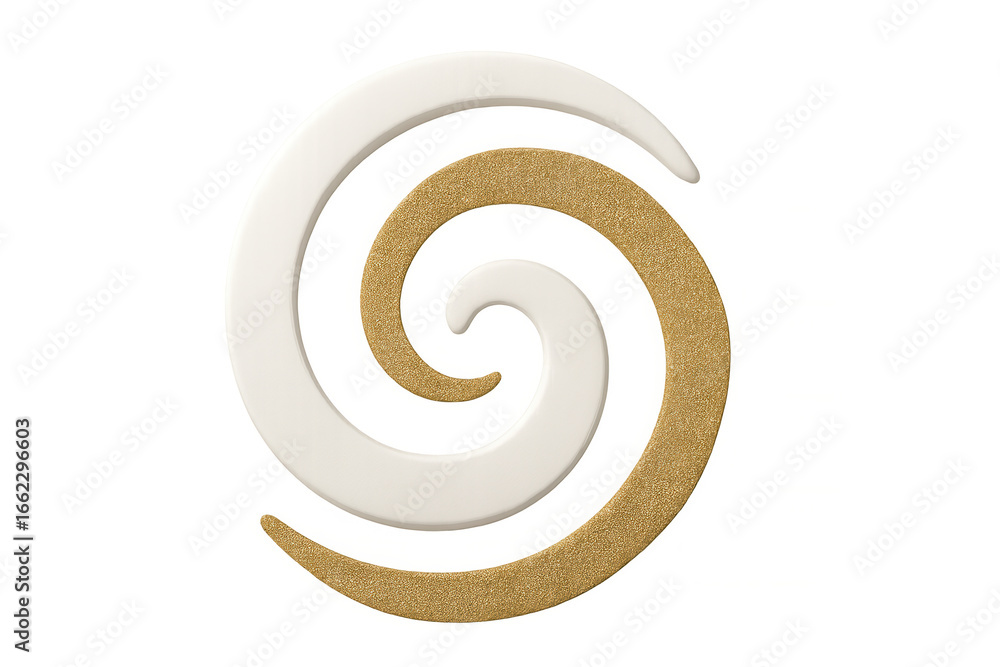Poster two spiral shapes, one white and one gold, rotating against a transparent background, create an eleg