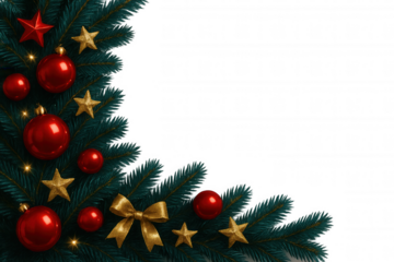 Festive corner arrangement of christmas decorations with fir branches, red baubles, golden stars, and a bow on a transparent background, perfect for holiday projects