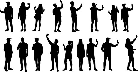 Silhouette group of people selfie different poses silhouette vector set on white background.